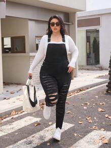 SHEIN EZwear 大码女式破洞口袋紧身连体裤休闲牛仔背带裤 - 黑色 - 查看 6