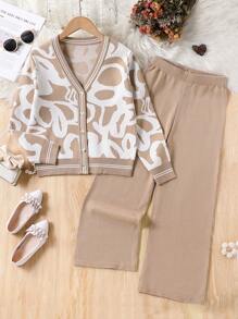 女童时尚可爱图案针织长袖毛衣套装，秋冬 - 卡其色 - 查看 1