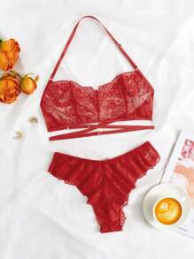Classic Sexy Floral Lace Lingerie Set - Red - View 4