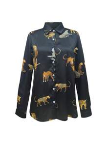 INAWLY 1 chiếc áo sơ mi nữ tay dài in họa tiết da báo cài khuy đơn giản, mùa thu - màu đen - Xem 3