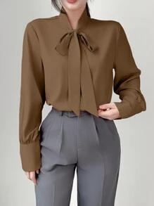 SHEIN Unity Elegant Knot Collar Long Sleeve Casual Blouse, Autumn