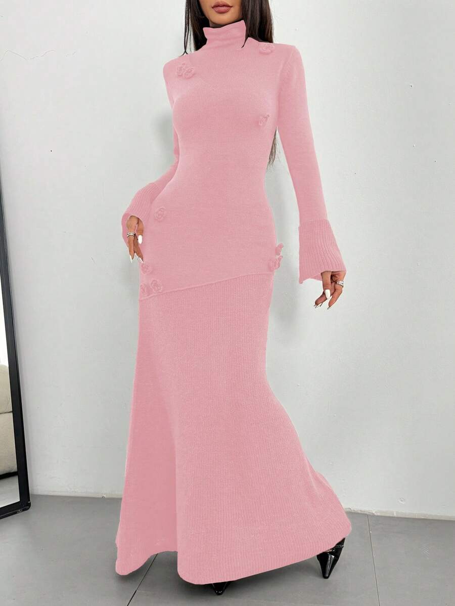 SHEIN Unity High Neck Form-Fitting Semi-Sheer 3D Floral Long Knitted Sweater Dress For Women Fall Cloth For Women - Pink - View 1