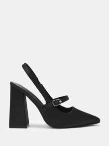 CUCCOO BIZCHIC Women's Basic Simple Black Pointed Toe Chunky Heel Strap Pumps Spring Shoes Spring Break Easter - Black - View 2