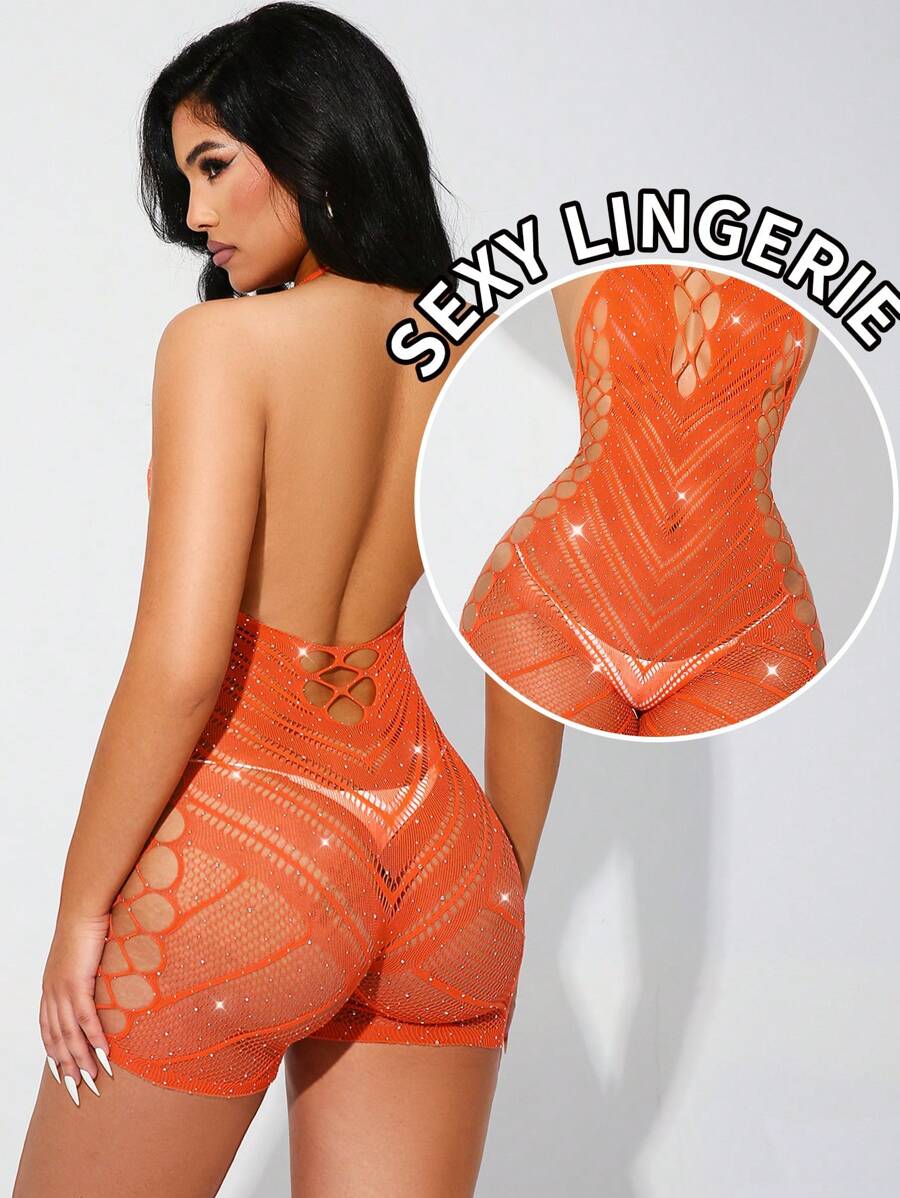 Bộ đồ liền thân hở cổ màu cam gợi cảm dành cho nữ, khoét lỗ, đính đá giả, đồ lót lưới, gợi cảm khi đi chơi - trái cam - Xem 1