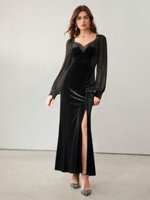 Anewsta Women Lace Trim Slit Hollow Velvet Elegant Sexy Dress