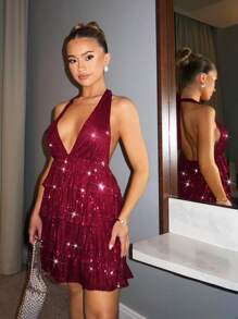 SHEIN BAE 优雅女士亮片闪亮荷叶边连衣裙，适合日常、约会、外出、泡吧、派对、圣诞节、新年前夜 - 酒紅色 - 查看 3