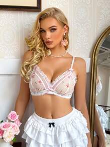 Floral Print, Bow Accent, Ruffle Trim Cute & Sweet Women Lingerie Bra