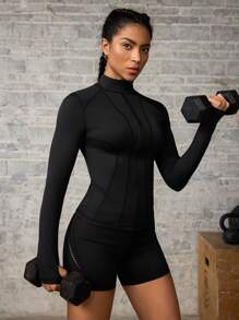 Eassivo Eassivo 1pc Women's Solid Color Zipper Collar Mesh Splice Sports Jacket With Thumb Hole - Black - View 3