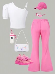 Conjunto de blusa e calças largas com decote assimétrico estiloso para meninas 2024