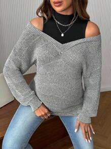 SHEIN 孕妇休闲双色露肩二合一长袖毛衣，秋冬季 - 黑與白 - 查看 4