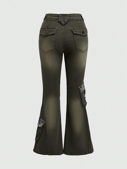Grunge Punk Ladies" Street Style Casual Flared Jeans With Workwear Pockets