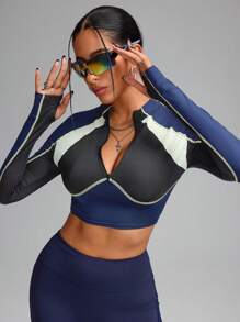 Innovista Tight Fit Cropped Colorblock Front Zipper Breathable Long Sleeve Sports Sweatshirts,Outfits T-Shirts Tops,Going Out,Party,Gym & Daily Casual,Festival,Fall Winter
