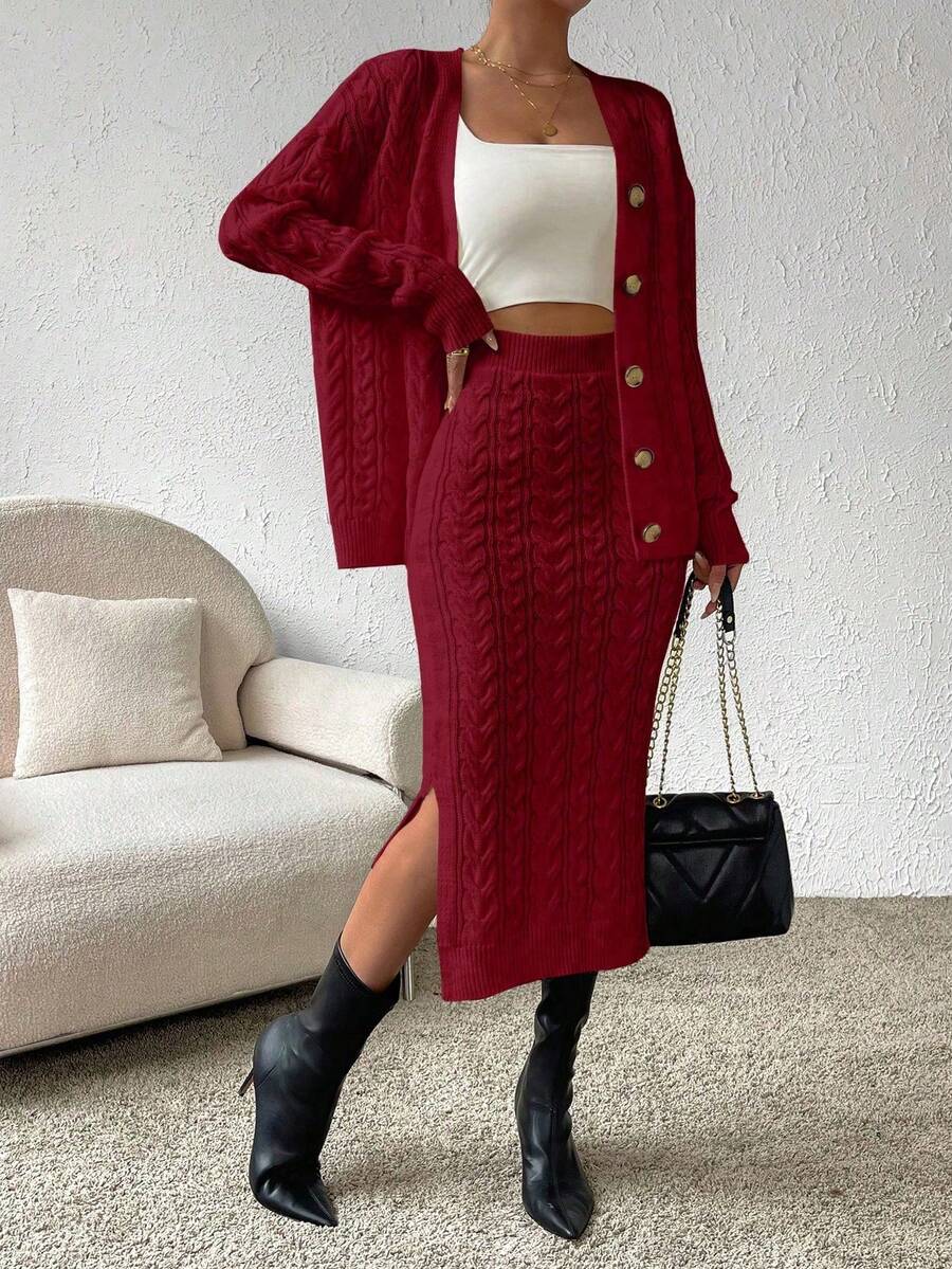 SHEIN Clasi 2 件套休闲纯色开衫和开衩下摆针织裙，秋冬 - 酒紅色 - 查看 1