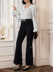 Modelyn Blusa elegante de mujer con volantes, decoración de perlas falsas y mariposa, para otoño