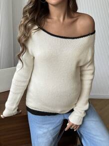 SHEIN Maternity Asymmetrical Neck Color Block Trim Elegant Long Sleeve Sweater - Apricot - View 6