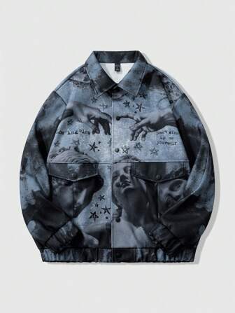Street Life Men's Casual Tie-Dye Vintage Figure Slogan Print Jacket, Autumn