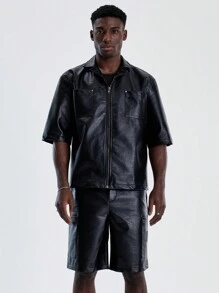 Musero Heren PU Zip Up Gestructureerd Shirt