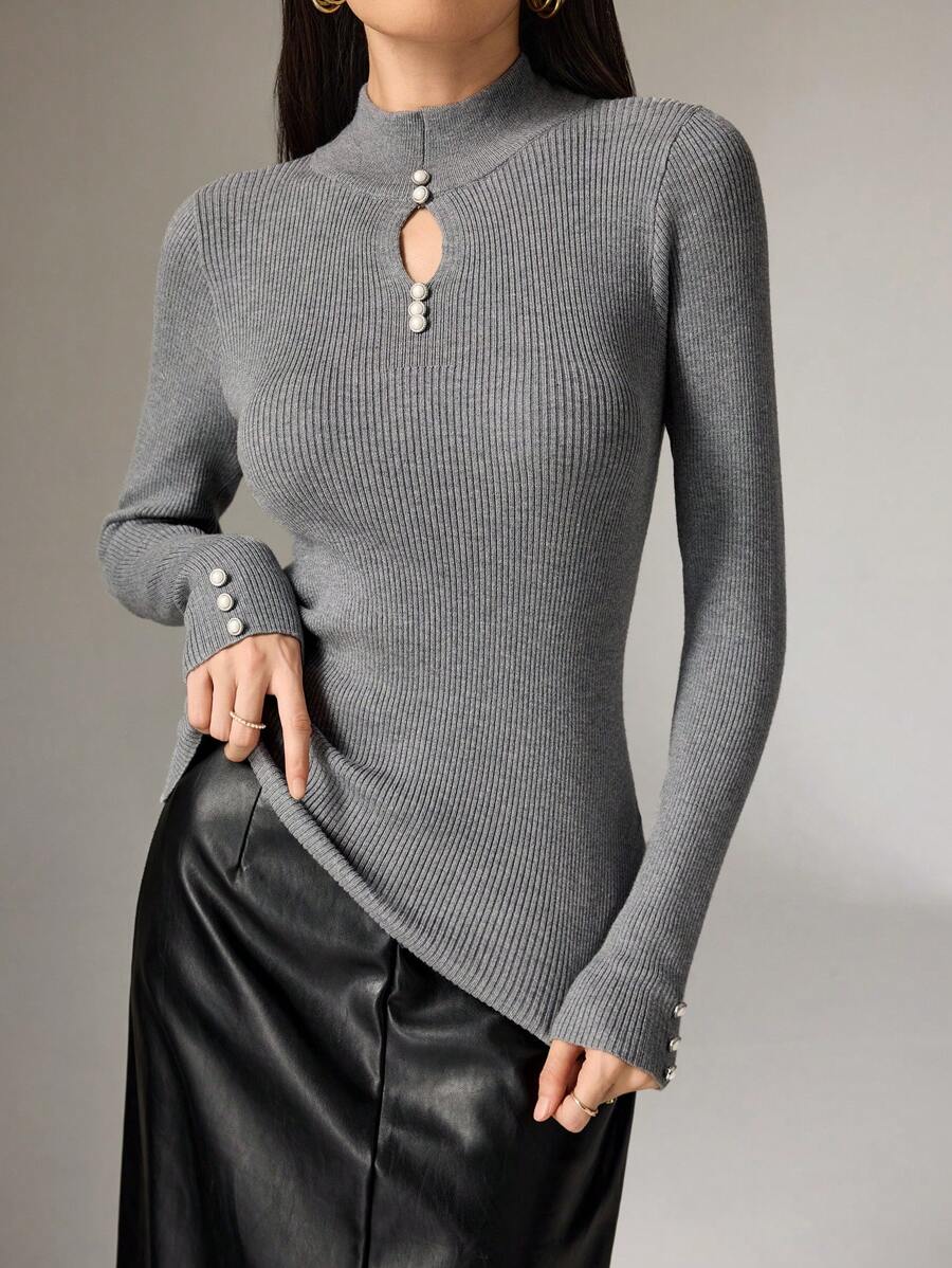 Modelyn Casual Solid Color Hollow Out Stand Collar Slim Fit Sweater, Autumn/Winter - Grey - View 1