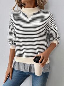 SHEIN LUNE Áo nỉ dài tay cổ đứng in sọc, kiểu dáng thường ngày, đa năng, thích hợp cho mùa thu. - Đen và trắng - Xem 6