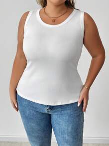 SHEIN CURVE+ Curve Plus Basic Figure-Flattering Sleeveless Round Neck White Tank Top Camisole For Autumn, For Summer