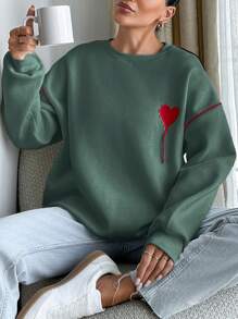EURMUSE Red Heard Embroidered White Sweatshirt With Red Piping At Sleeves - Dark Green - View 4