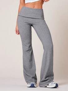 VARSIVA Cold Fall Winter Clothes Women Solid Color Fold-Over Waist Flare Leg Casual Pants - Grey - View 1