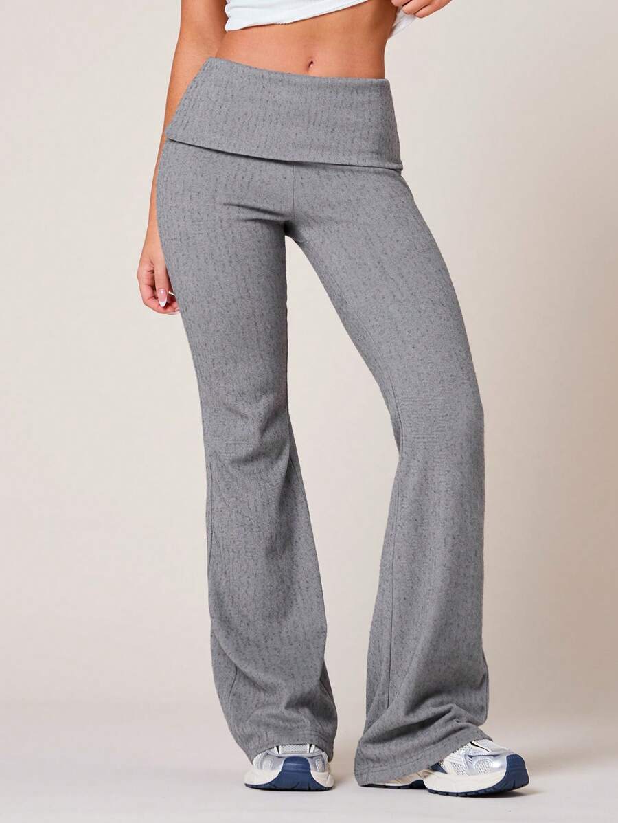 VARSIVA Cold Fall Winter Clothes Women Solid Color Fold-Over Waist Flare Leg Casual Pants - Grey - View 1
