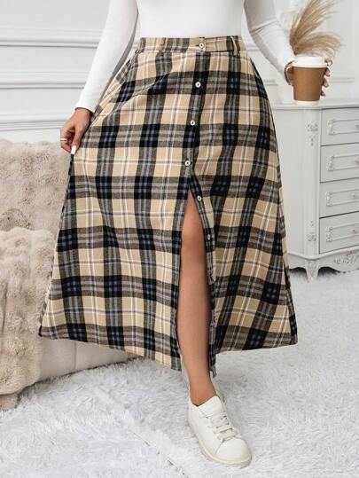 SHEIN LUNE Plus Size Plaid Pattern Button Front Long Skirt, Casual For Autumn Holiday