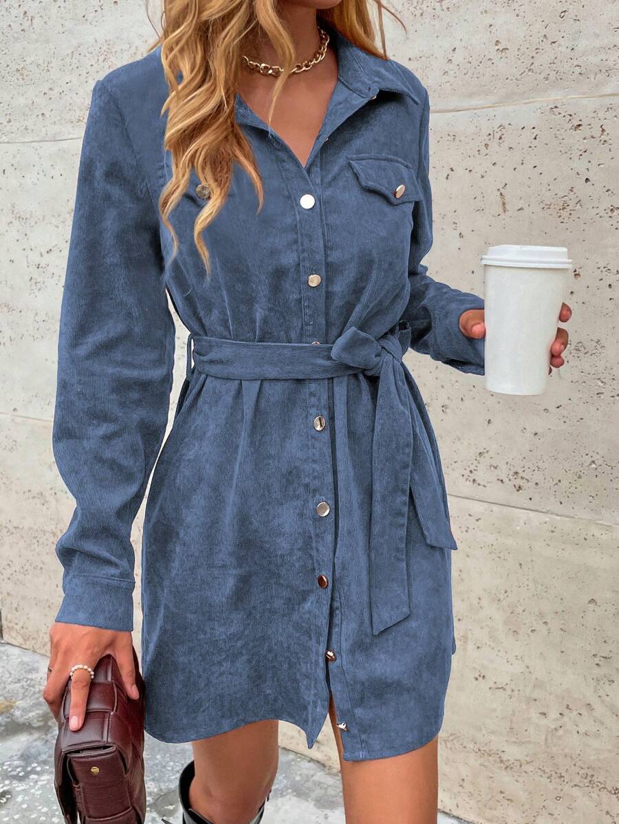 SHEIN LUNE 1pc Women Casual Solid Color Corduroy Long Sleeve Belted Short Dress, Autumn - Blue - View 1