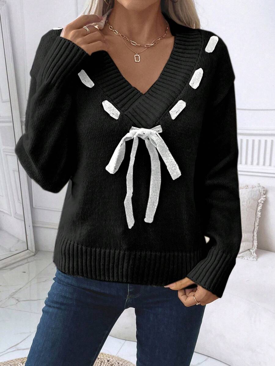 SHEIN LUNE 女士秋冬前系带落肩长袖休闲宽松针织套头衫 - 黑色 - 查看 1