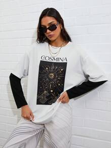 COSMINA 女式黑白印花仿长袖 T 恤，秋冬季 - 黑與白 - 查看 1