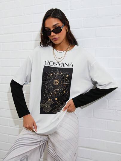 COSMINA 女式黑白印花仿长袖 T 恤，秋冬季