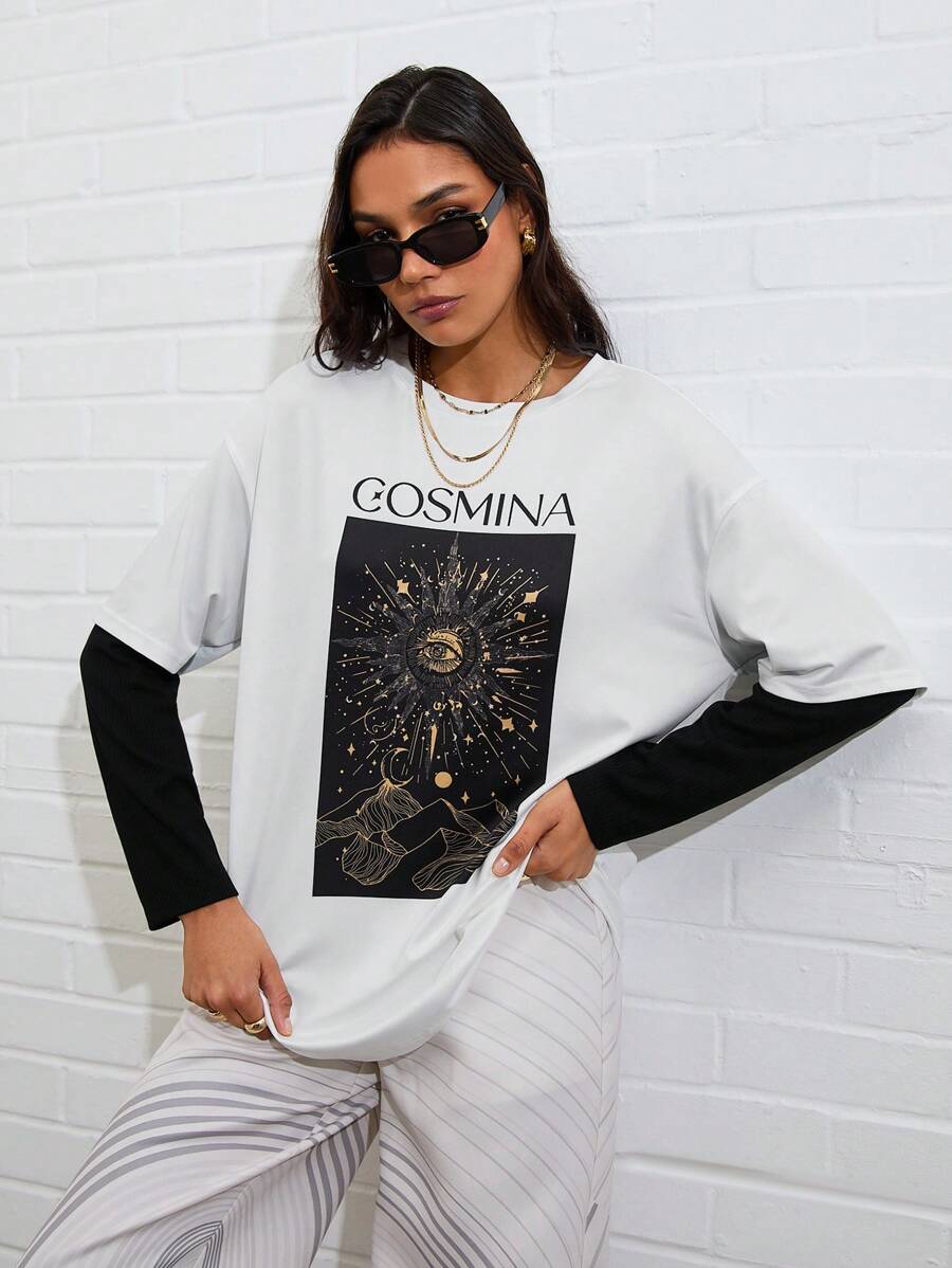 COSMINA 女式黑白印花仿长袖 T 恤，秋冬季 - 黑與白 - 查看 1
