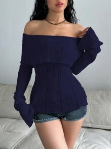 SHEIN Unity 女士纯色露肩长袖毛衣