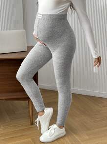 SHEIN Maternity Casual Letter Elastic Waist Adjustable Solid Ribbed Leggings - Light Grey - View 3