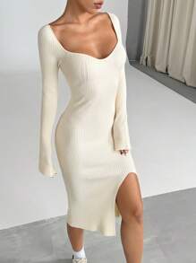 Flirla Women Autumn/Winter Sexy V-Neck Flare Sleeve Ribbed Fitted Midi Dress With Slit Hem Fall Cloth For Women