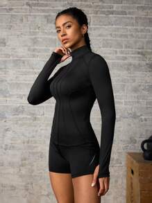Eassivo Eassivo 1pc Women's Solid Color Zipper Collar Mesh Splice Sports Jacket With Thumb Hole - Black - View 4