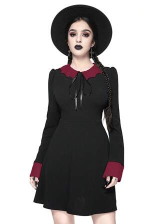 Goth Dark Gothic Style Women Bat Collar Tie Ruched Waist A-Line Stretch Dress