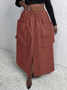 Slaydiva Plus Size Women Casual Solid Color Drawstring Waist Patchwork Big Pocket High Slit Super Long Skirt - Burgundy - View 4