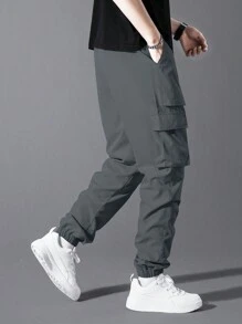 Manfinity Homme Men's Casual Street Style Solid Color Drawstring Waist Flap Pocket Cargo Pants, Fall - Dark Grey - View 3