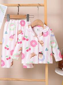 2pcs Baby Girl Comfy Casual Allover Print Donut Pattern Long Sleeve Top & Pants Homewear Set,Summer Travel - Multicolor - View 4