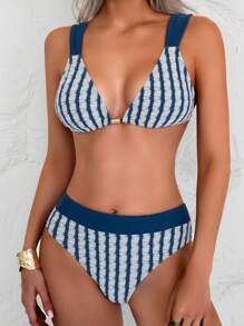 Women Textured Striped Fabric Thick Strap Sexy Bikini Set Summer
