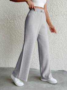 EURMUSE Women Drawstring Waist Loose Knitted Straight-Leg Pants, Casual For Daily Wear, Spring & Autumn ,Petite Women - Light Grey - View 5