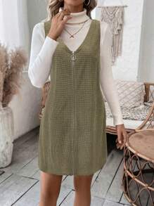 SHEIN LUNE LanaWest 新款秋冬玉米格纹针织罗纹圆形金属拉链无袖短款女连衣裙 - 綠色 - 查看 3
