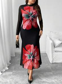 SHEIN Unity 大码花卉印花立领长袖紧身连衣裙 - 黑色 - 查看 6