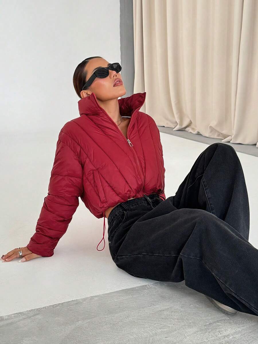 SHEIN Unity Women's High-End Red Short Stand Collar Padded Coat, Loose Fit Thick Versatile Asymmetrical Design Padded Coat, Winter - Red - View 1