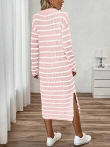 Chiquease Women's POLO Collar V-Neck Striped Low-Cut Casual Long Knit Sweater Dress