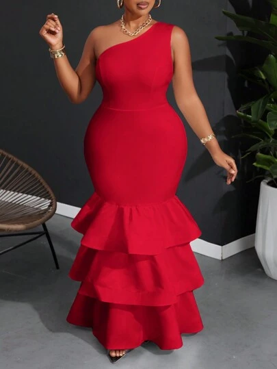 Slaydiva Plus High-End Elegant Stretchy Knitted Solid Bodycon Black Patchwork Multi-Layer Ruffle Hem One-Shoulder Dress, Plus Size