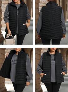 EMERY ROSE Plus Size Black Plain Front Zip Sleeveless Minimalist Down& Feathers Jacket, Casual Everyday Wear,Winter Women Coat