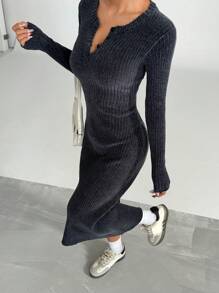 SHEIN Unity Women's Soft Charcoal Grey V-Neck Casual Long Sweater Dress, Figure Flattering & Versatile For Autumn/Winter